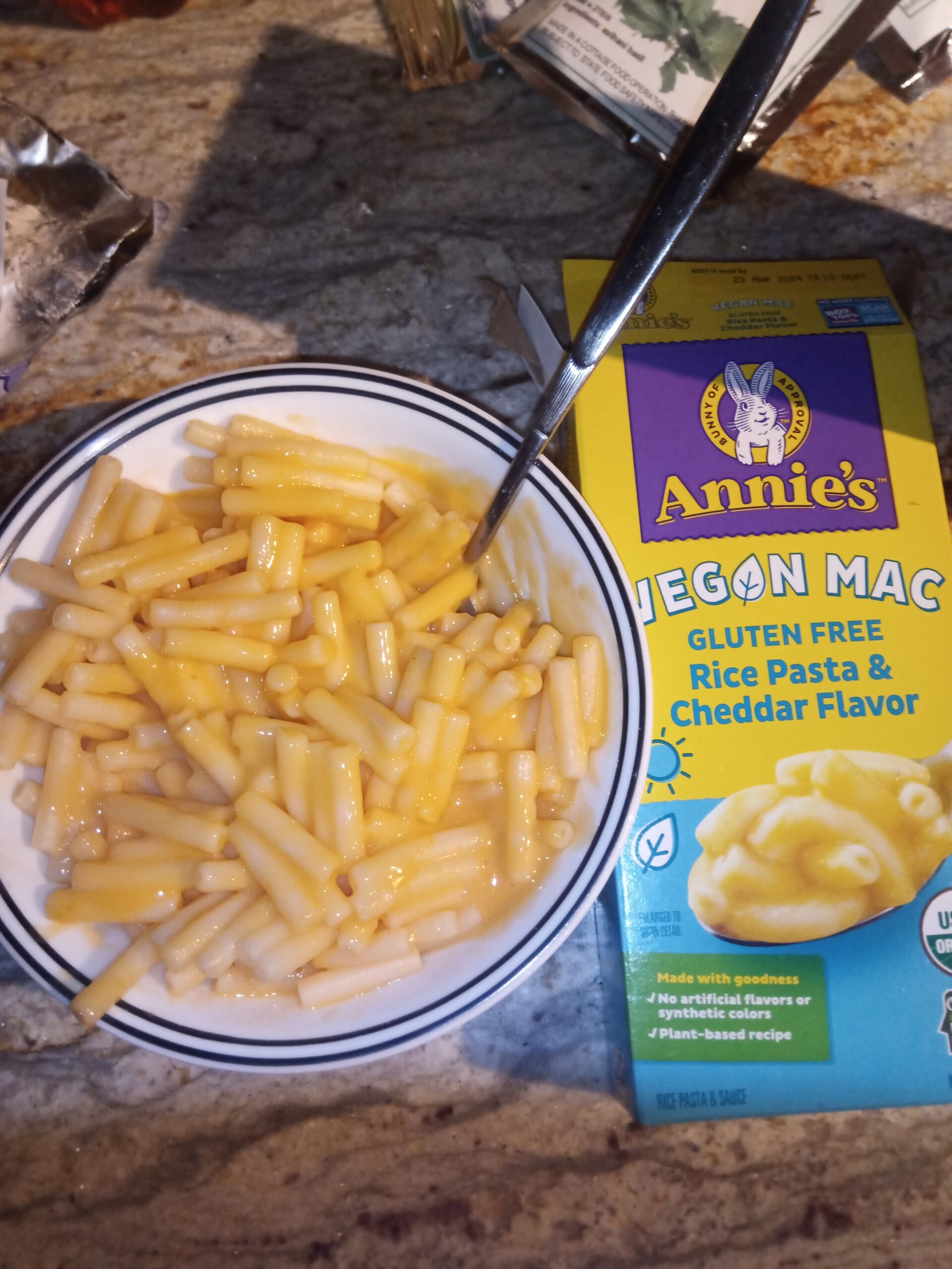 Annie’s “Gluten Free Vegan Mac – Rice Pasta & Cheddar Flavor”: 3/5 ehhh